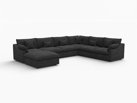 Deluxe Slope Cloud Sectional Sofa Covers | Black Chenille and Linen Sofa Cover for 6-Seater with 1-Ottoman