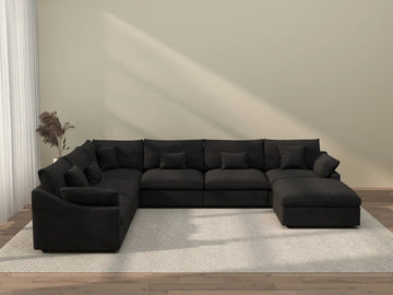 Deluxe Cloud 6-Seater Black Pit Sectional | 7-Piece (Includes 1 Ottoman), Chenille And Linen Fabric, Washable Cushion Covers