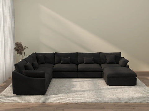 Deluxe Cloud 6-Seater Black Pit Sectional | 7-Piece (Includes 1 Ottoman), Chenille And Linen Fabric, Washable Cushion Covers