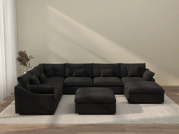 Deluxe Cloud 6-Seater Black Pit Sectional | 8-Piece (Includes 2 Ottomans), Chenille And Linen Fabric, Washable Cushion Covers