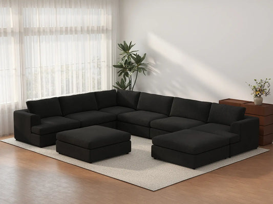 Juego de sofás de 6 plazas Deluxe Cloud, color negro | 8 piezas (incluye 2 otomanas), tela tipo borreguillo buclé, fundas de cojín lavables