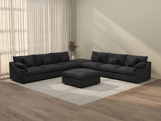 Sofá de lujo Cloud de 6 plazas, color negro, lavable | 8 piezas (incluye 2 otomanas), tejido de chenilla y lino, diseño modular