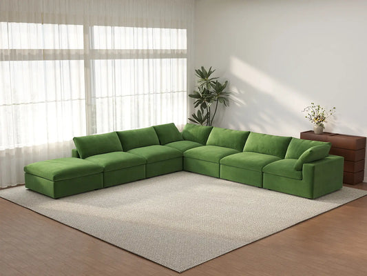 Deluxe Cloud 6-Seater Earth Green V-Shaped Sectional | 7-Piece (Includes 1 Ottoman), Velvet Fabric, Living Room Seating, Washable Cushion Covers