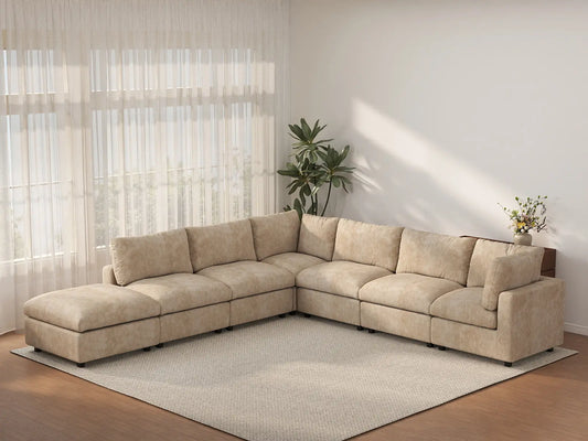 Deluxe Cloud 6-Seater Khaki Large Space V-Shaped Sectional | 7-Piece (Includes 1 Ottoman), Linen-Blend Chenille Fabric, Easy To Clean