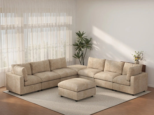 Deluxe Cloud 6-Seater Khaki Open Space Sofa Set | 8-Piece (Includes 2 Ottomans), Linen-Blend Chenille Fabric, Easy To Clean