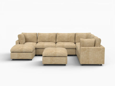 Lounge Cloud Sectional Sofa Covers | Khaki Linen-Blend Chenille Sofa Cover for 6-Seater with 2-Ottomans