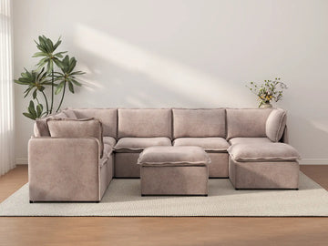 Deluxe Cloud 6-Seater Khaki Sofa Set | 8-Piece (Includes 2 Ottomans), Linen Look Poly Fabric, Washable Cushion Covers