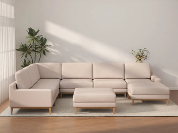 Deluxe Cloud 6-Seater Khaki Sofa Set | 8-Piece (Includes 2 Ottomans), Linen Look Poly Fabric, Washable Cushion Covers