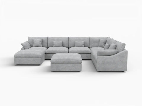 Deluxe Slope Cloud Sectional Sofa Covers | Light Grey Chenille and Linen Sofa Cover for 6-Seater with 2-Ottomans