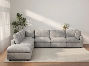 Seccional de 6 plazas en forma de V Deluxe Cloud color gris claro | 7 piezas (incluye 1 otomana), tela de chenilla de mezcla de lino, fundas de cojín lavables