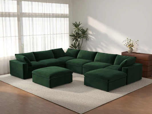 Deluxe Cloud 6-Seater Olive Green Sofa Set | 8-Piece (Includes 2 Ottomans), Velvet Fabric, Living Room, Washable Cushion Covers