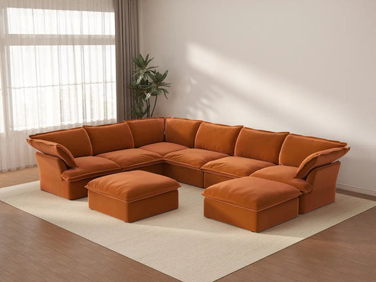 Deluxe Cloud 6-Seater Oversized Sectional Sofa | 8-Piece (includes 2 ottomans), Velvet Fabric, Storage Ottoman