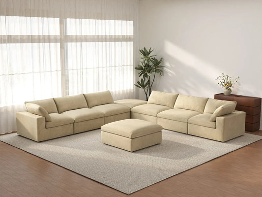 Deluxe Cloud 6-Seater Sofa Set in Beige Velvet | 8-Piece (Includes 2 Ottomans), Living Room, Easy To Clean, Open Space