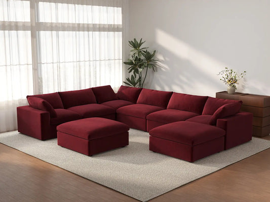 Deluxe Cloud 6-Seater Sofa Set in Claret Velvet | 8-Piece (Includes 2 Ottomans), Living Room, Easy To Clean, Modern Style
