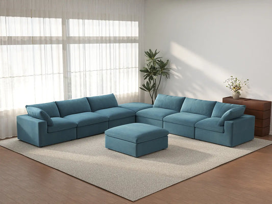 Deluxe Cloud 6-Seater Sofa Set in Light Blue Velvet | 8-Piece (Includes 2 Ottomans), Living Room, Easy To Clean, Modular Design