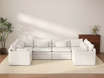Deluxe Cloud 6-Seater White Large Space U-Shaped Sectional | 6-Piece, Linen Look Poly Fabric, Easy To Clean