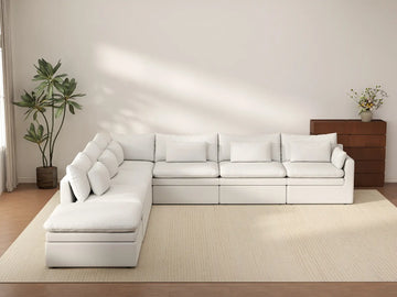 Deluxe Cloud 6-Seater White Large Space V-Shaped Sectional | 7-Piece (Includes 1 Ottoman), Linen Look Poly Fabric, Easy To Clean