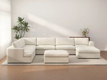 Deluxe Cloud 6-Seater White Open Space Sofa Set | 8-Piece (Includes 2 Ottomans), Bouclé Sherpa-Like Fabric, Easy To Clean
