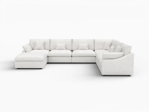 Deluxe Slope Cloud Sectional Sofa Covers | White Chenille and Linen Sofa Cover for 6-Seater with 1-Ottoman