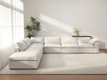 Deluxe Cloud 6-Seater White V-Shaped Sectional | 7-Piece (Includes 1 Ottoman), Cotton And Linen Fabric, Living Room Seating, Washable Cushion Covers