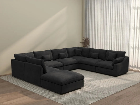 Deluxe Cloud 7-Seater Black Pit Sectional | 8-Piece (Includes 1 Ottoman), Chenille And Linen Fabric, Washable Cushion Covers
