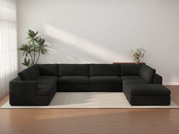 Deluxe Cloud 7-Seater Black U-Shaped Sectional | 8-Piece (Includes 1 Ottoman), Bouclé Sherpa-Like Fabric, Washable Cushion Covers