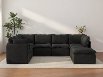 Deluxe Cloud 7-Seater Black U-Shaped Sectional | 8-Piece (Includes 1 Ottoman), Linen Look Poly Fabric, Washable Cushion Covers