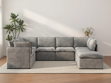 Deluxe Cloud 7-Seater Grey Open Space U-Shaped Sectional | 8-Piece (Includes 1 Ottoman), Linen Look Poly Fabric, Easy To Clean