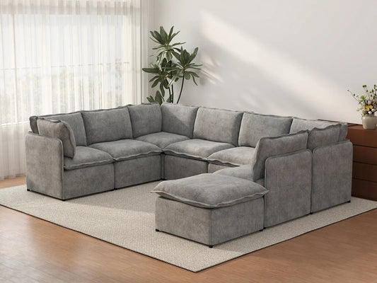 Deluxe Cloud 7-Seater Grey Open Space U-Shaped Sectional | 8-Piece (Includes 1 Ottoman), Linen Look Poly Fabric, Easy To Clean