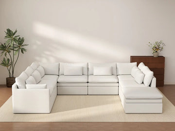 Deluxe Cloud 7-Seater White Open Space U-Shaped Sectional | 8-Piece (Includes 1 Ottoman), Linen Look Poly Fabric, Easy To Clean