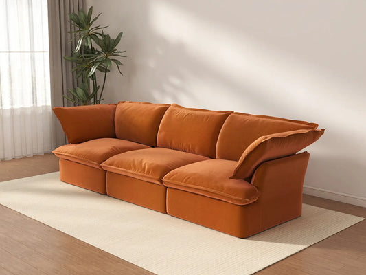 Deluxe Cloud Dark Orange 3-Seater Modular Couch | 3-Piece, Velvet Fabric, Washable Covers