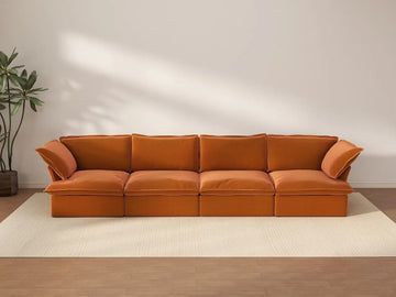 Deluxe Cloud Dark Orange 4-Seater Couch Sectional | 4-Piece, Velvet Fabric, Washable Covers