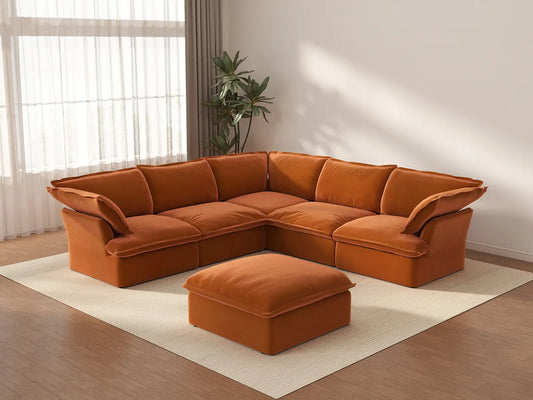 Deluxe Cloud Dark Orange 5-Seater Sofa with Storage | 6-Piece (includes 1 ottoman), Velvet Fabric, Washable Covers