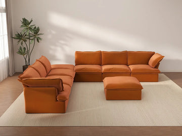 Deluxe Cloud Dark Orange 6-Seater Sofa with Storage | 8-Piece (includes 2 ottomans), Velvet Fabric, Washable Covers