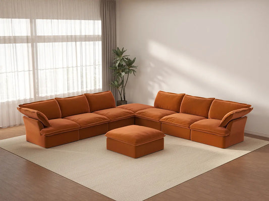 Deluxe Cloud Dark Orange 6-Seater Sofa with Storage | 8-Piece (includes 2 ottomans), Velvet Fabric, Washable Covers