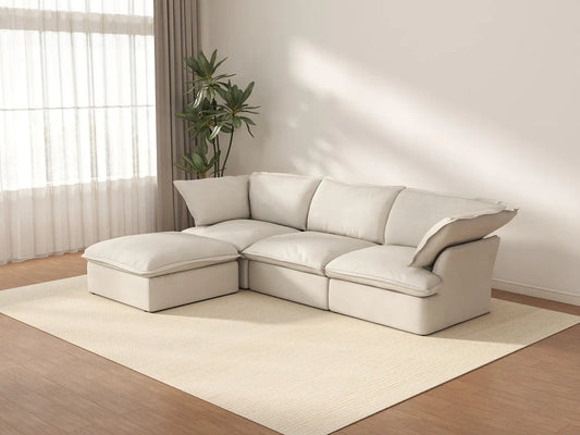 Deluxe Cloud 3-Seater Beige Storage L-Shaped Sectional | 4-Piece (includes 1 Ottoman), Linen and Cotton Fabric, Washable Covers