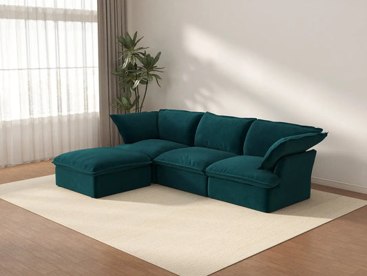 Deluxe Cloud 3-Seater Turquoise Modular Sectional | 4-Piece (includes 1 ottoman), Velvet Fabric, Storage Ottoman