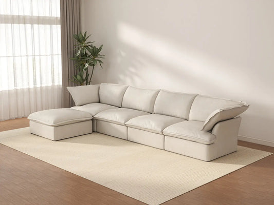 Deluxe Cloud 4-Seater Beige Storage L-Shaped Sectional | 5-Piece (includes 1 Ottoman), Linen and Cotton Fabric, Washable Covers