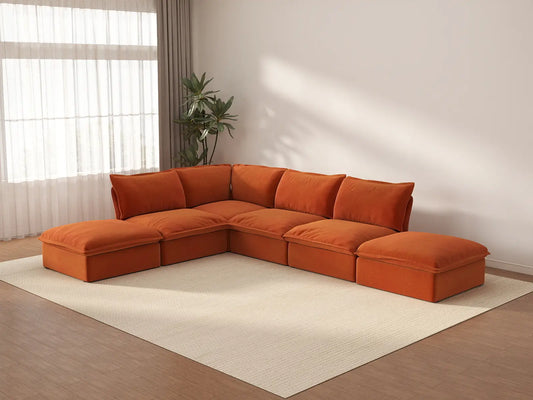 Deluxe Cloud 4-Seater Large L-Shaped Sofa | 6-Piece (includes 2 ottomans), Velvet Fabric, Storage Ottoman