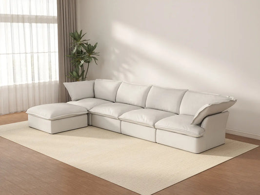 Deluxe Cloud 4-Seater White Storage L-Shaped Sectional | 5-Piece (includes 1 Ottoman), Linen and Cotton Fabric, Washable Covers