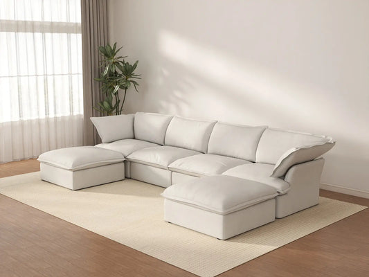 Deluxe Cloud 4-Seater White Storage U-Shaped Sectional | 6-Piece (includes 2 Ottomans), Linen and Cotton Fabric, Washable Covers