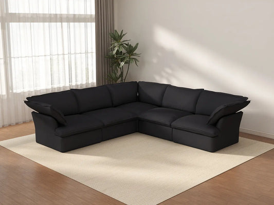 Deluxe Cloud 5-Seater Black Washable V-Shaped Sectional | 5-Piece, Linen and Cotton Fabric, Modular Design