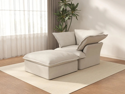 Deluxe Cloud Beige 1-Seater Dual-Armrest Sofa | 2-Piece (includes 1 ottoman), Linen and Cotton Fabric, Storage Ottoman