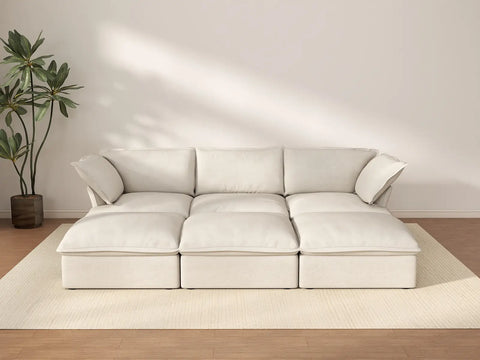 Deluxe Cloud Beige 3-Seater Modular Sofa | 6-Piece (includes 3 ottomans), Linen and Cotton Fabric, Storage Ottoman