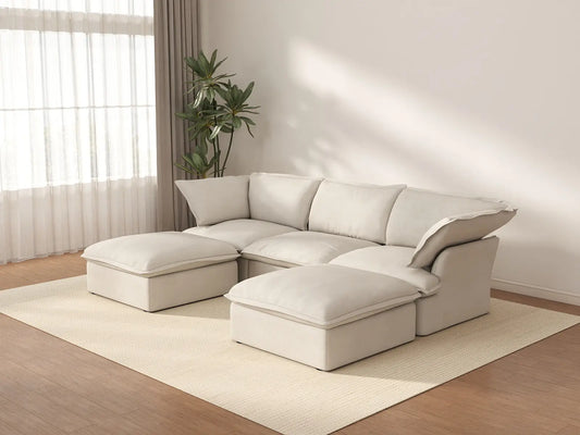 Sofá seccional de lujo color beige nube de 3 plazas en forma de U | 5 piezas (incluye 2 otomanas), tela de lino y algodón, otomana con almacenamiento