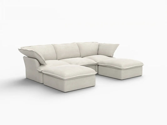 Deluxe Linen Cloud Sectional Sofas Covers | Beige Linen and Cotton Sofa Cover for 3-Seater with 2-Ottoman