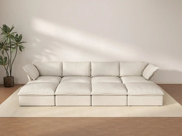 Deluxe Cloud Beige 4-Seater Pit Sectional with Storage | 8-Piece (includes 4 ottomans), Linen and Cotton Fabric, Washable Covers
