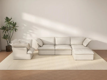 Deluxe Cloud Beige 4-Seater Sofa with Storage | 5-Piece (includes 1 ottoman), Linen and Cotton Fabric, Washable Covers