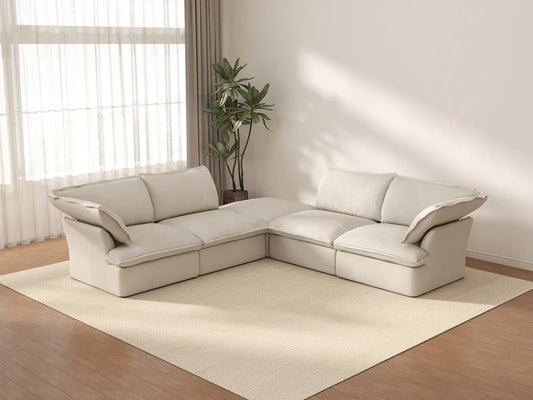 Deluxe Cloud Beige 4-Seater V-Shaped Sofa with Storage | 5-Piece (includes 1 ottoman), Linen and Cotton Fabric, Washable Covers