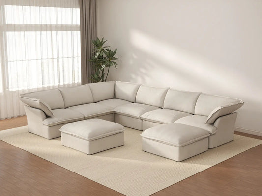 Deluxe Cloud Beige 6-Seater Sofa with Storage | 8-Piece (includes 2 ottomans), Linen and Cotton Fabric, Washable Covers